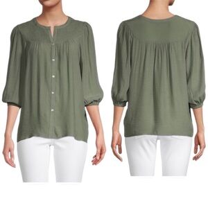 NWT NANETTE LEPORE Elegant Olive 3/4 Sleeve Button Up Smocked Blouse Medium